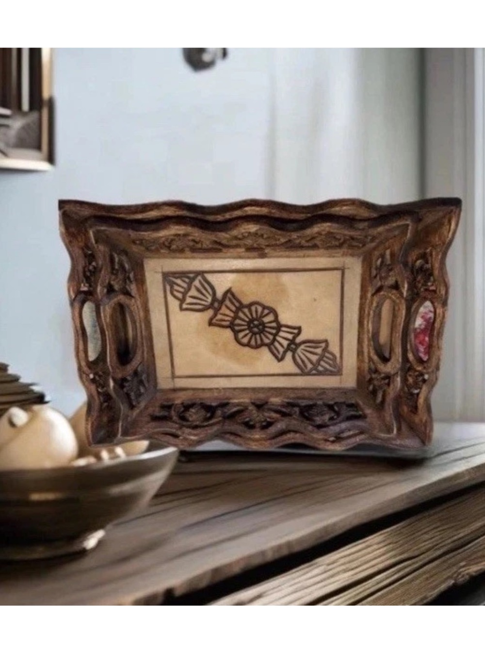 Set of Vintage rustic farmhouse mango/sheeham Handcarved + inlay Trays. India